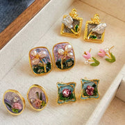 baroque pearl oil painting flowers earrings