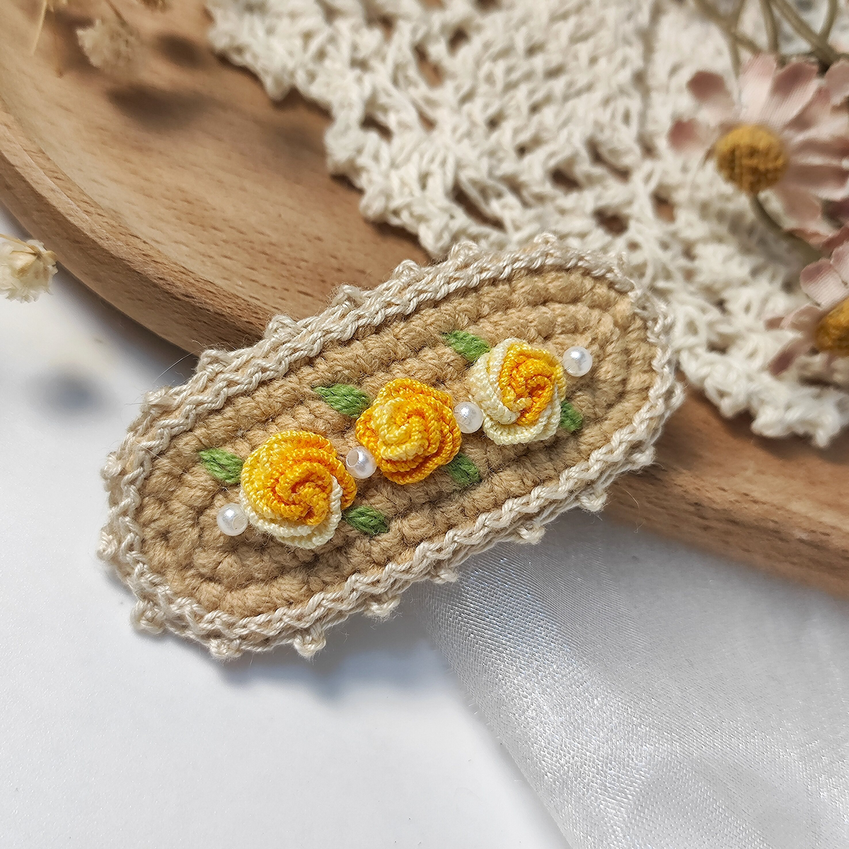 Vintage Handmade Crochet & Embroidered Flower Hair Clip