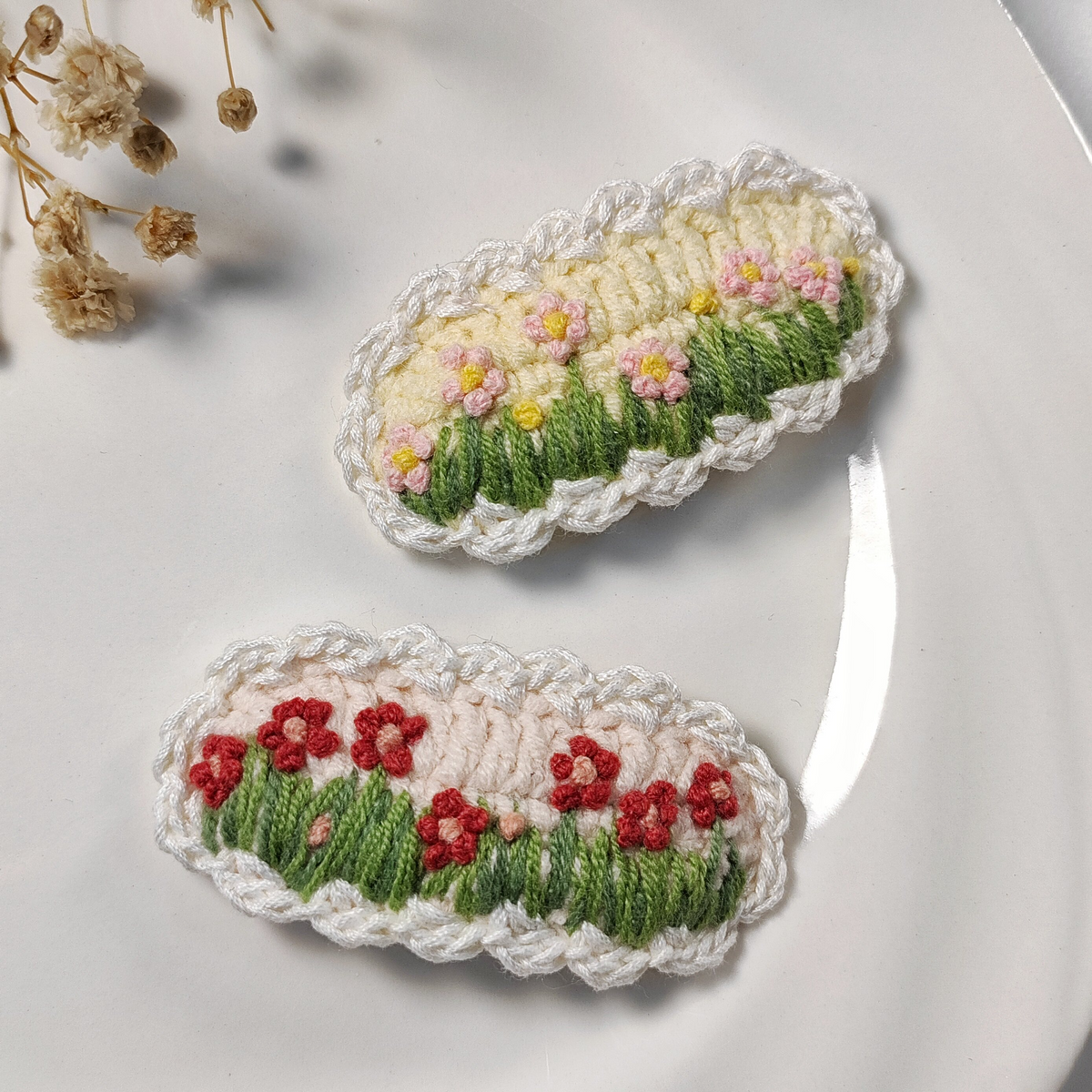 Vintage Handmade Crochet & Embroidered Green Flower Hair Clip