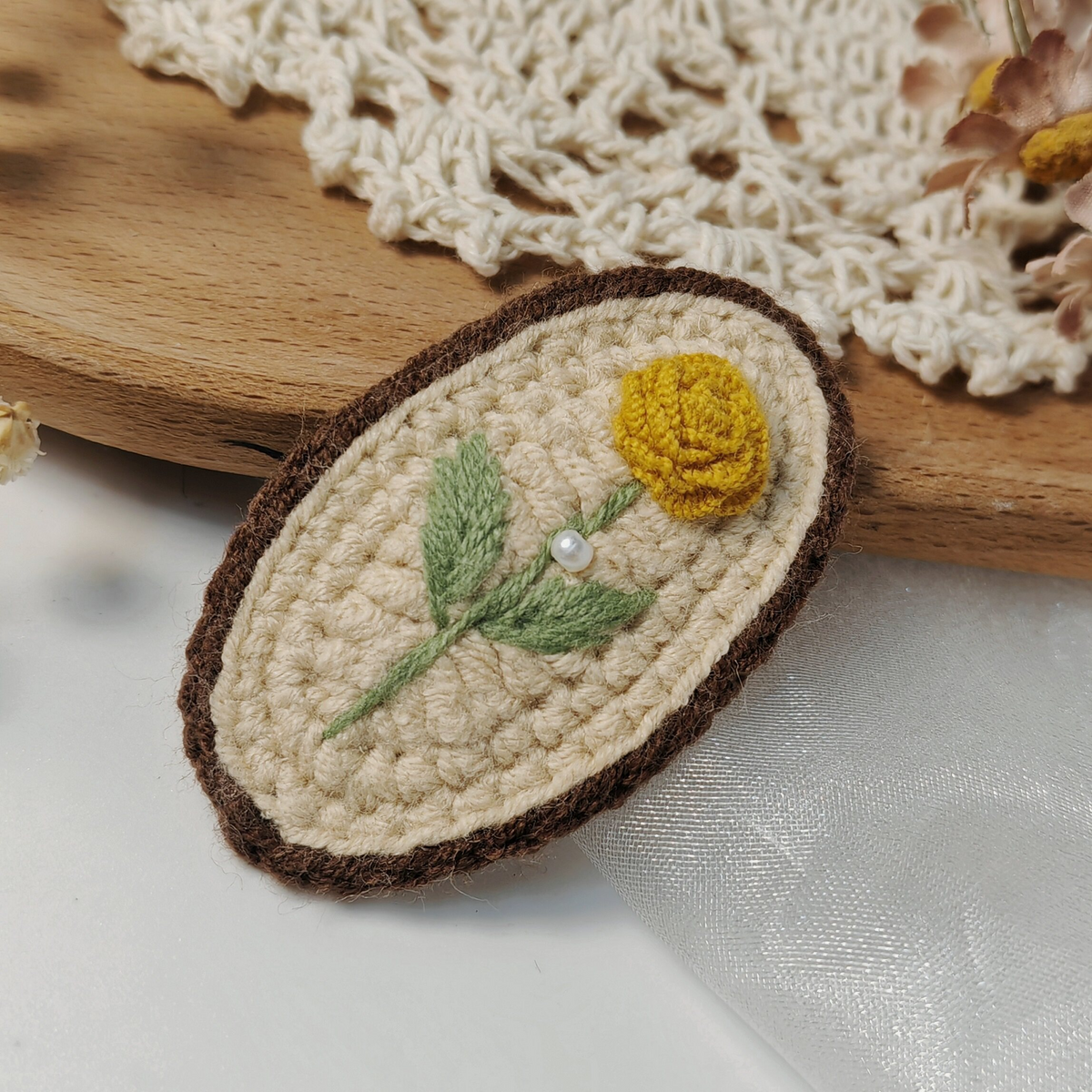 Vintage Handmade Crochet & Embroidered Flower Hair Clip