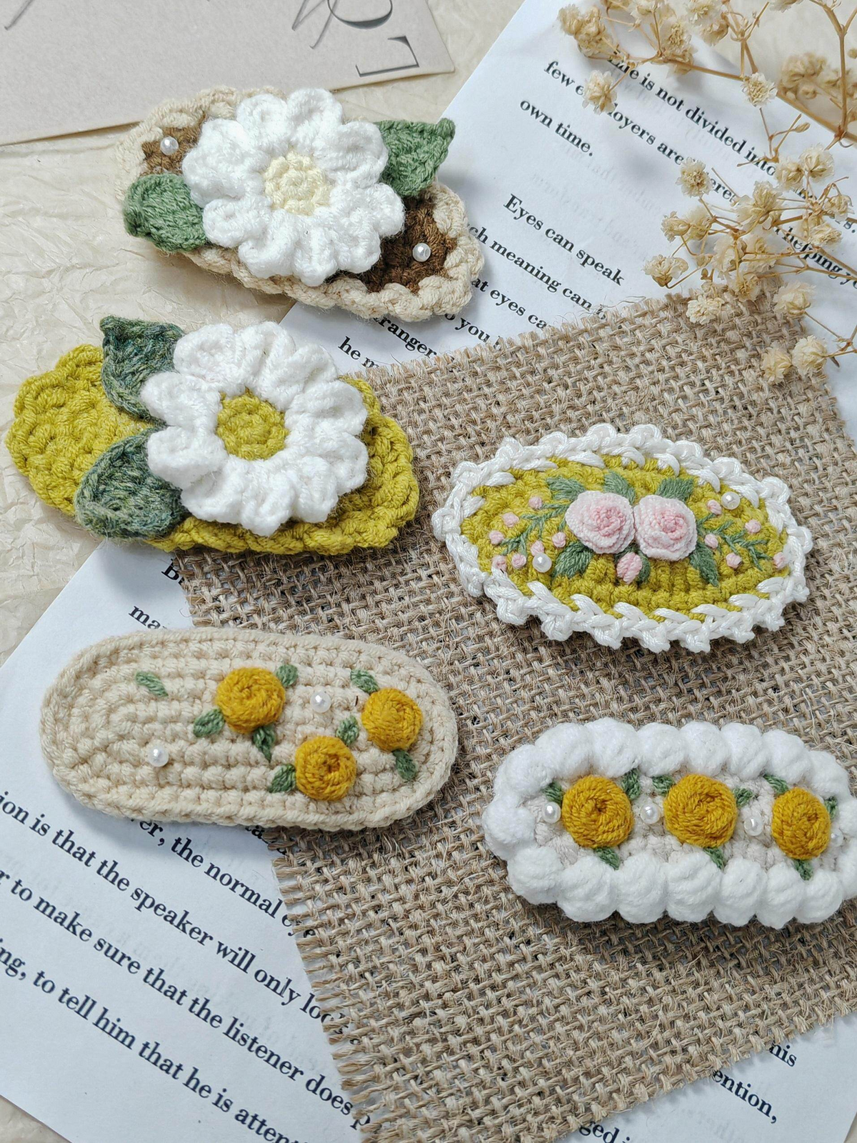 Vintage Handmade Crochet & Embroidered Flower Hair Clip