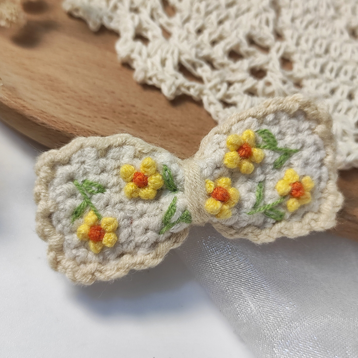Vintage Handmade Crochet & Embroidered Flower Hair Clip