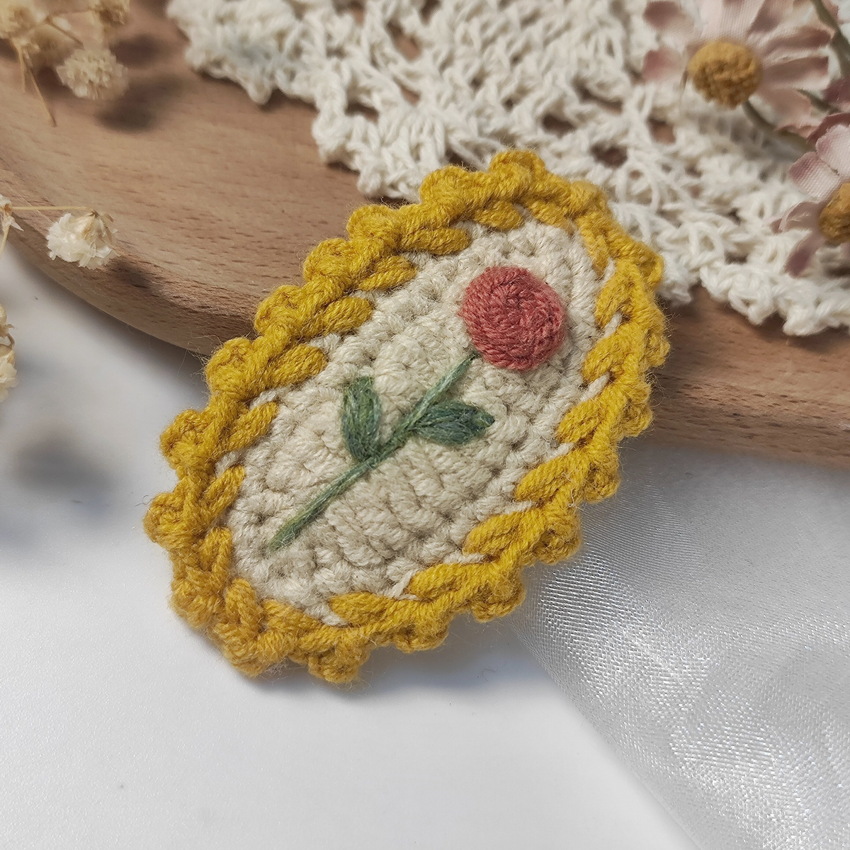 Vintage Handmade Crochet & Embroidered Flower Hair Clip
