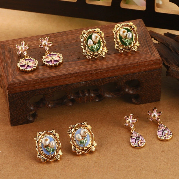 handmade oil painting dripping glaze flowers earrings