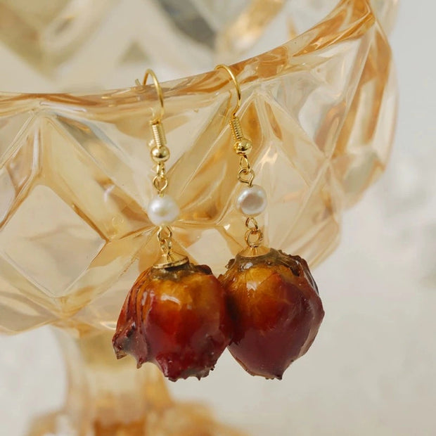 handmade baroque pearl red rose earrings