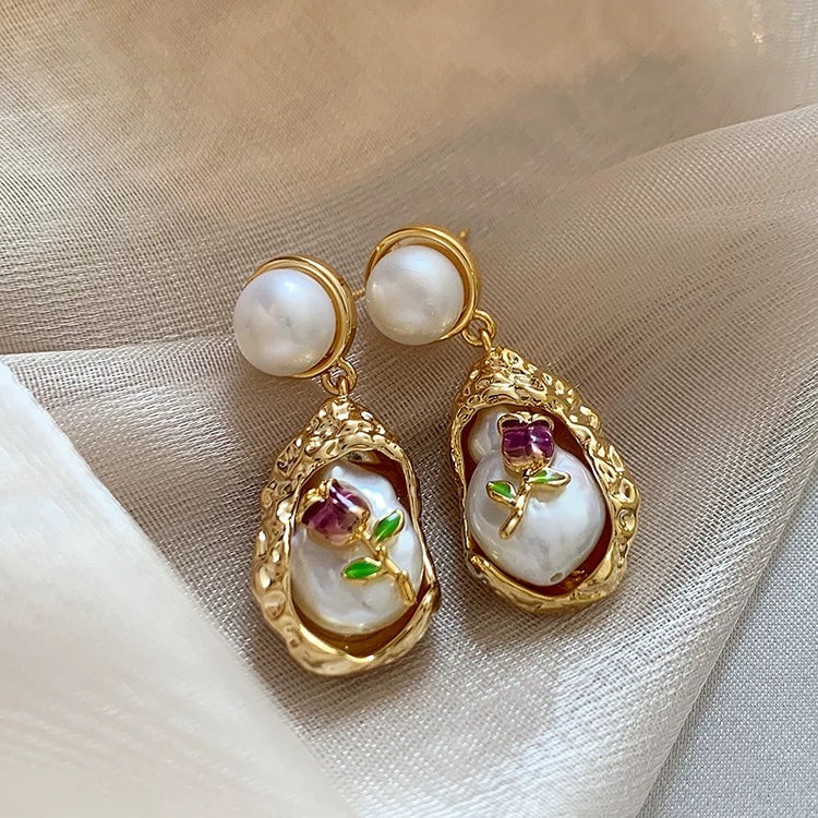"Purple Rose" handmade baroque pearl earrings