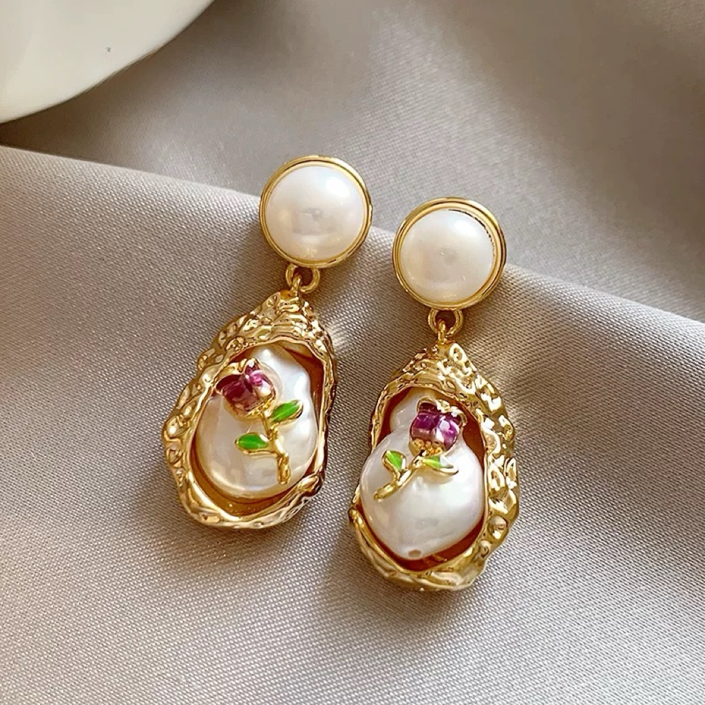 "Purple Rose" handmade baroque pearl earrings