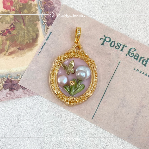 hand-painted baroque pearl floral Oil painting pendant
