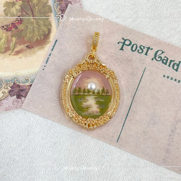 hand-painted baroque pearl floral Oil painting pendant