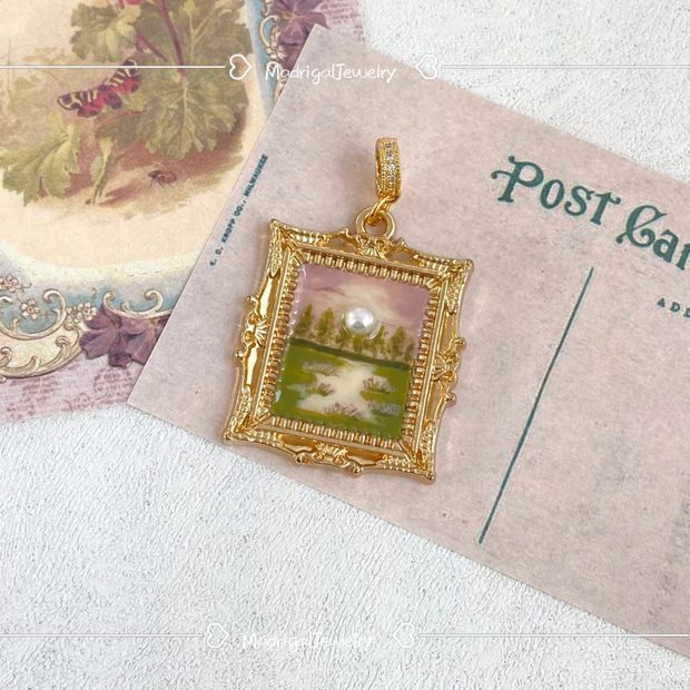 hand-painted baroque pearl floral Oil painting pendant