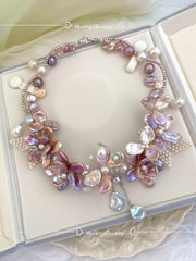 handmade woven butterfly baroque pearl lavender blossom necklace