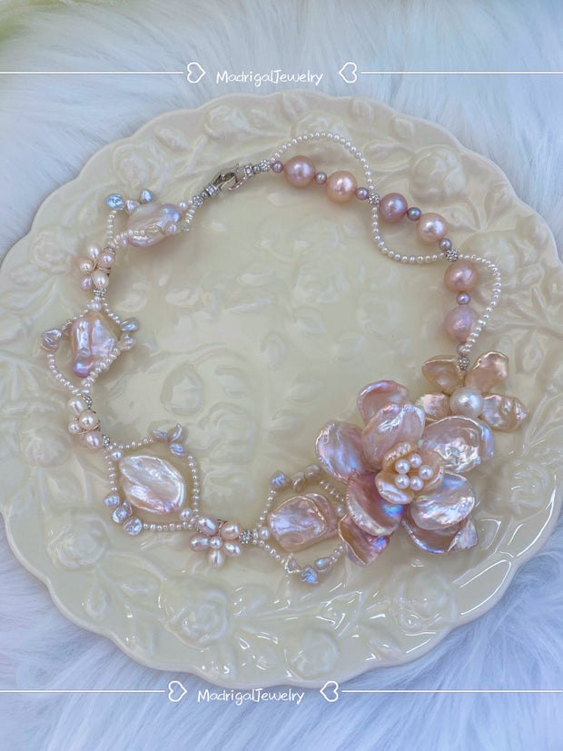 unique oversized handwoven pearl floral braided necklace