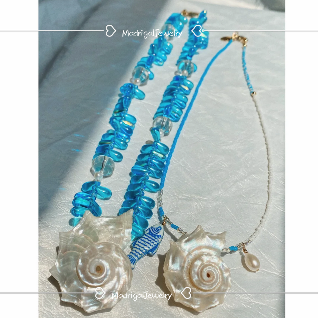 Aqua seashell teardrop pearl necklace