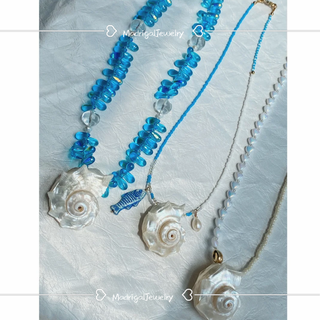 Aqua seashell teardrop pearl necklace