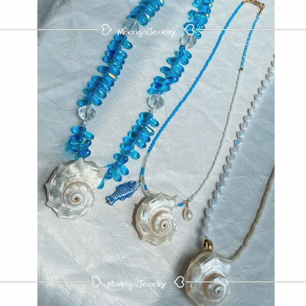 Aqua seashell teardrop pearl necklace