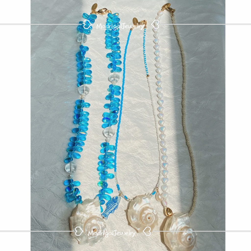 Aqua seashell teardrop pearl necklace