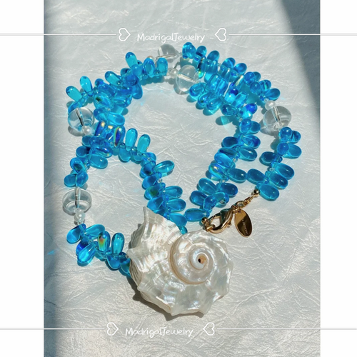Aqua seashell teardrop pearl necklace