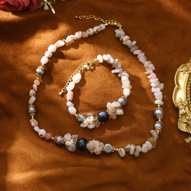 Woven Bud Pink Opal Natural Freshwater Pearl Necklace