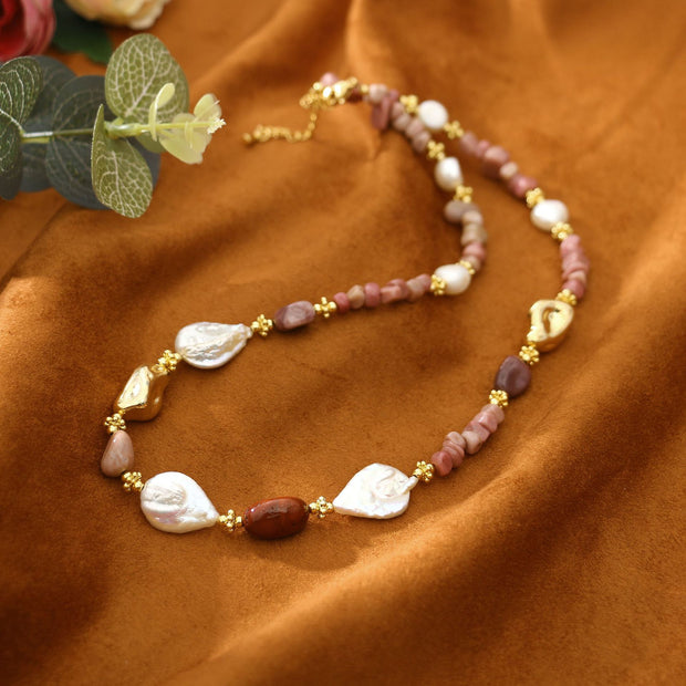 Original Rose Stone Baroque Freshwater Pearl Necklace