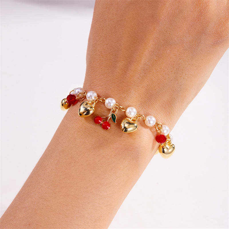 cute wild summer cherry love strawberry pearl crystal bracelet