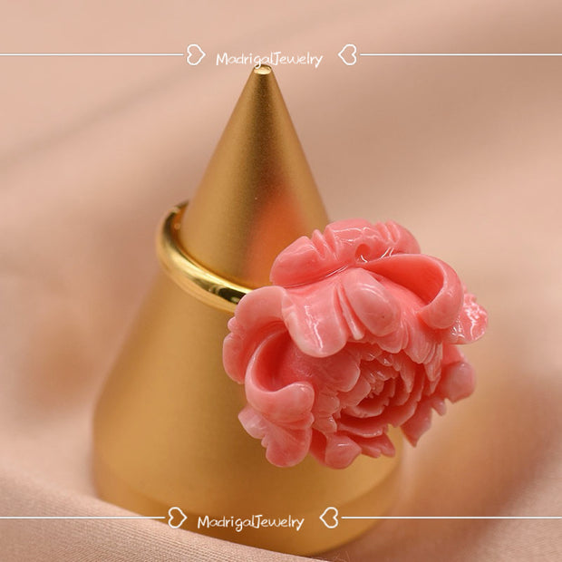 carving flower silver 18k gold plated adjustable ring