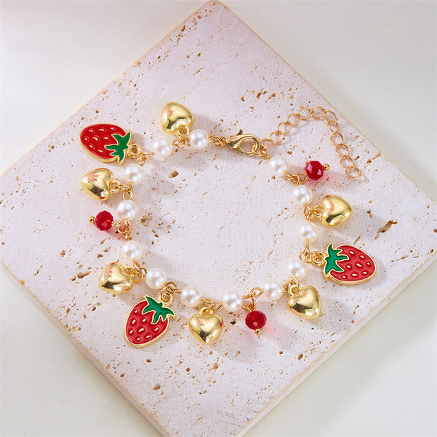 Cute Wild Summer Cherry Love Strawberry Pearl Crystal Bracelet