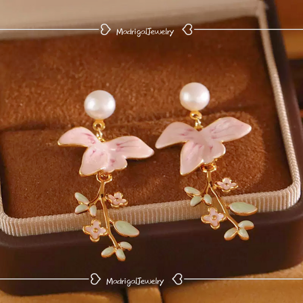 pink flower tassels natural pearl earrings