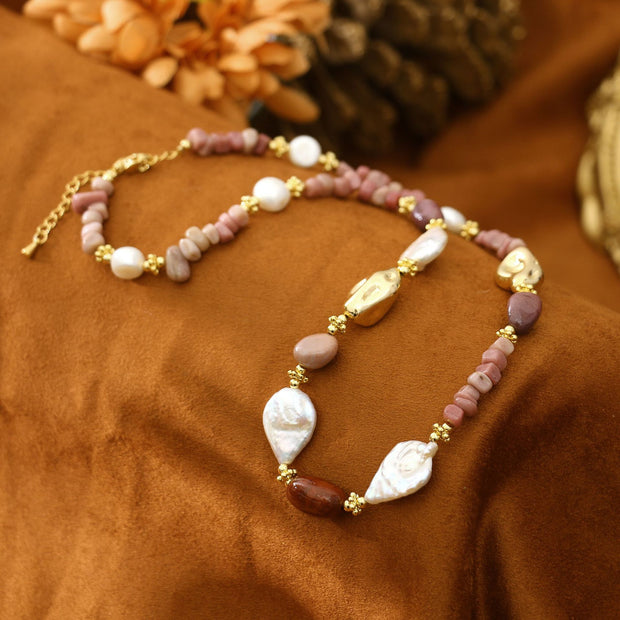 Original Rose Stone Baroque Freshwater Pearl Necklace