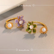 two set adjustable rings with pearl enamel flowers