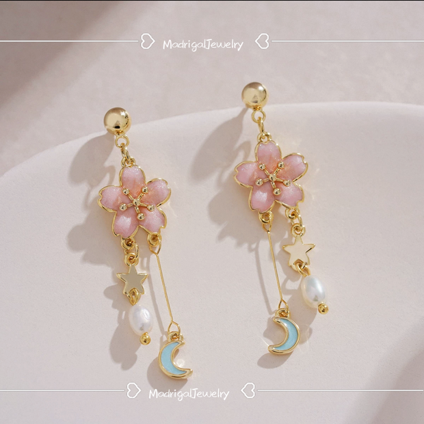 oil-drop flower natural pearl silver earrings