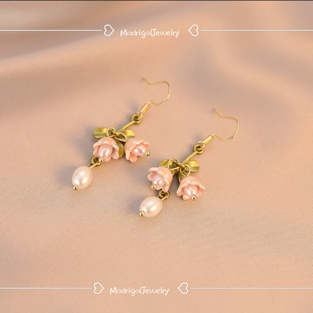 pink lily of the valley pearl earrings