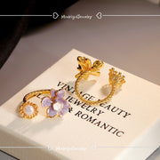 two set adjustable rings with pearl enamel flowers