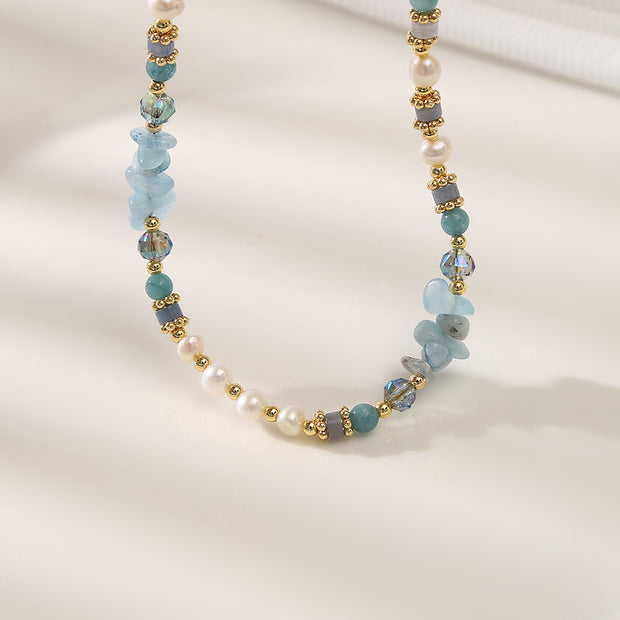 Aquamarine Blue Crystal Baroque Freshwater Pearl Necklace