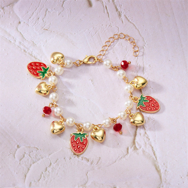Cute Wild Summer Cherry Love Strawberry Pearl Crystal Bracelet