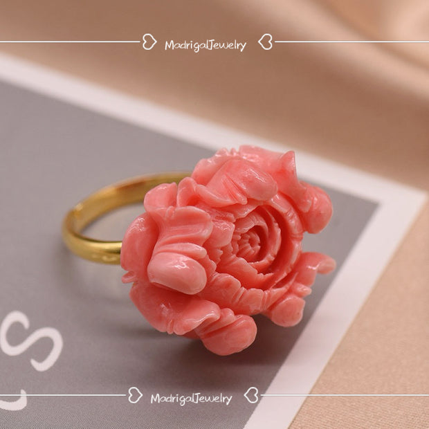 carving flower silver 18k gold plated adjustable ring