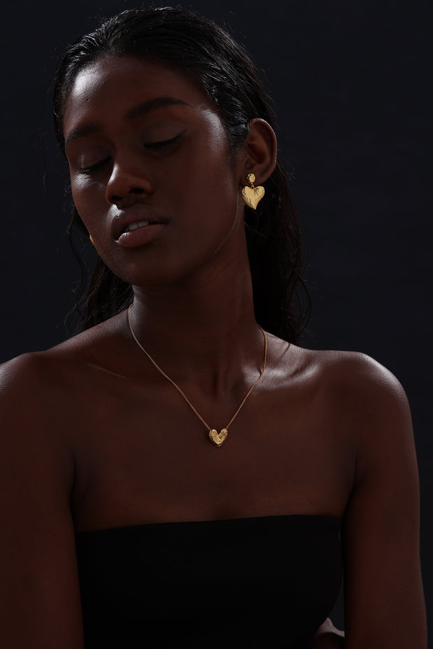 Textured Heart Drop Earrings - 18K Gold Plated