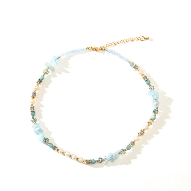 Aquamarine Blue Crystal Baroque Freshwater Pearl Necklace