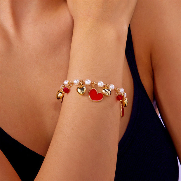 Cute Wild Summer Cherry Love Strawberry Pearl Crystal Bracelet