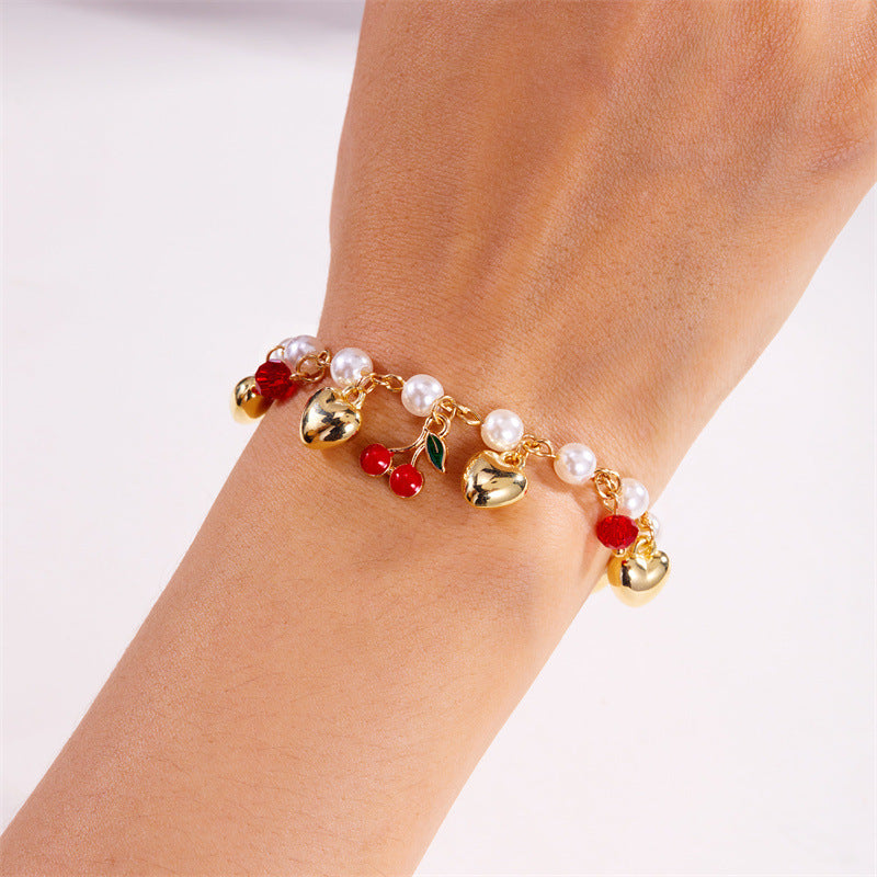 cute wild summer cherry love strawberry pearl crystal bracelet