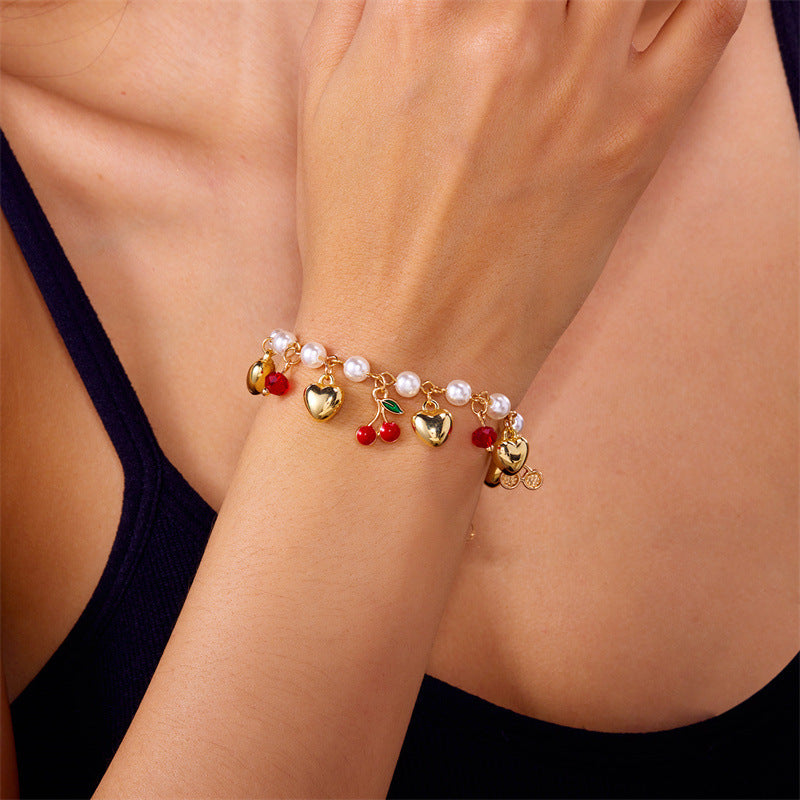 cute wild summer cherry love strawberry pearl crystal bracelet