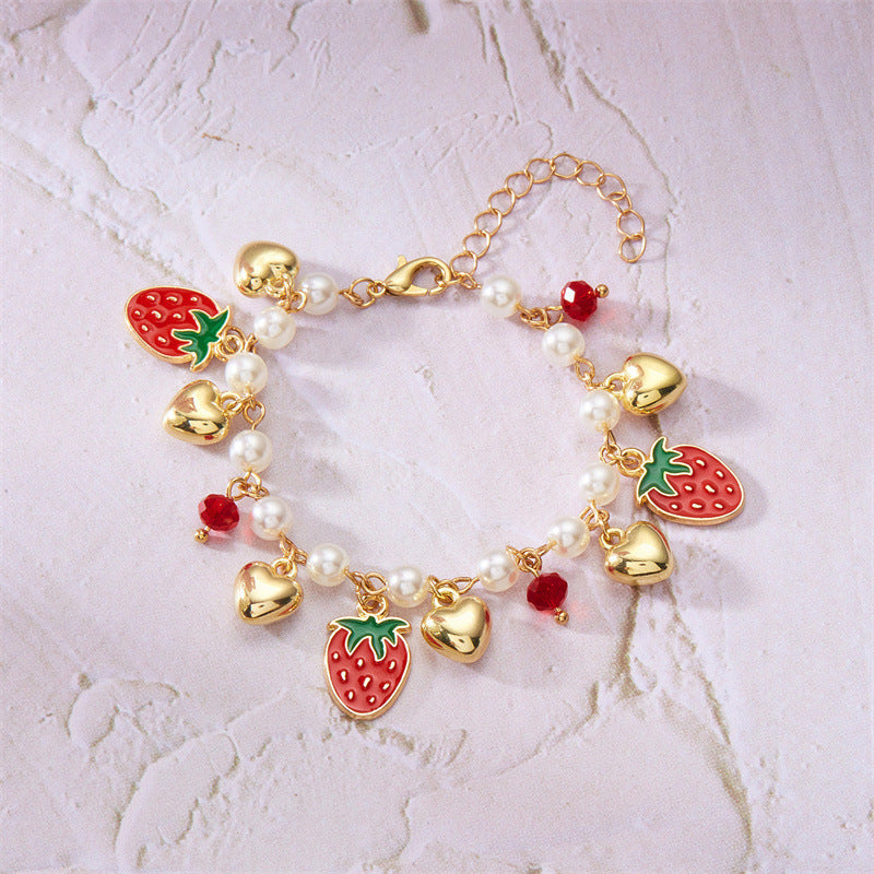 cute wild summer cherry love strawberry pearl crystal bracelet