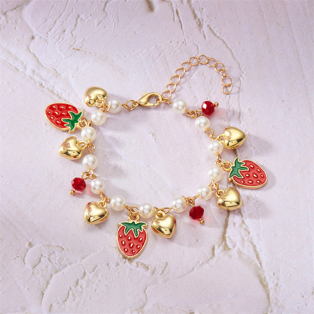 Cute Wild Summer Cherry Love Strawberry Pearl Crystal Bracelet