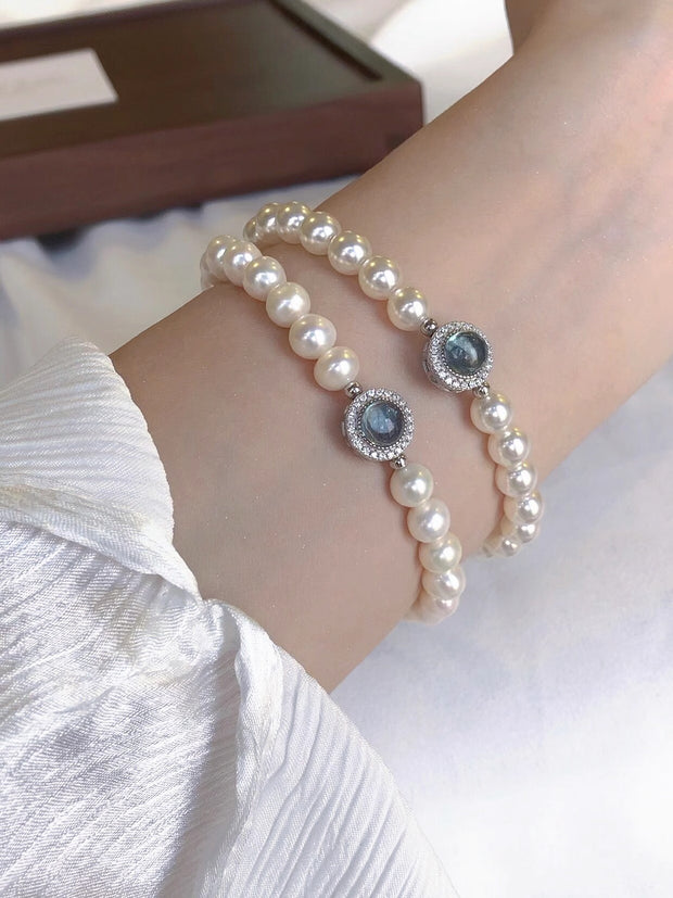 S925 Sterling Silver Aquamarine Natural Freshwater Pearl Bracelet