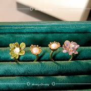 two set adjustable rings with pearl enamel flowers