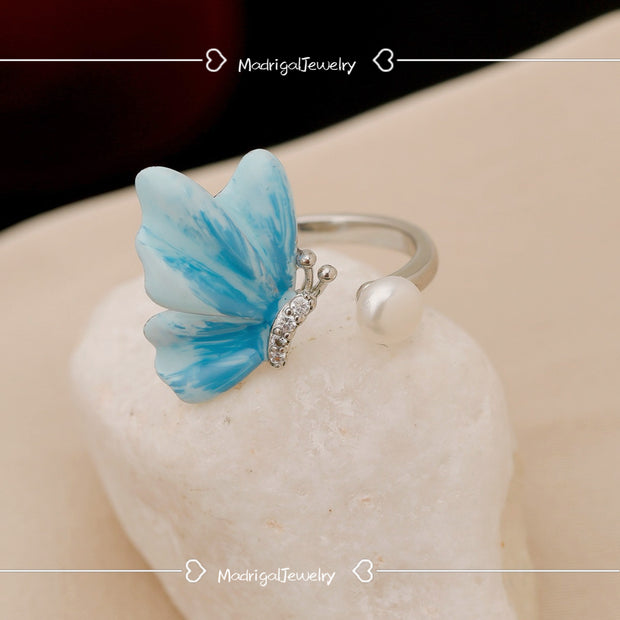 natural pearl blue butterfly ring