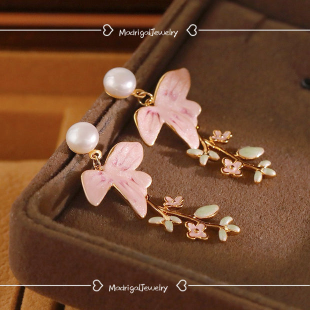 pink flower tassels natural pearl earrings