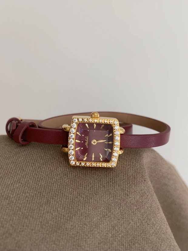 Red Double Leather Strap Watch