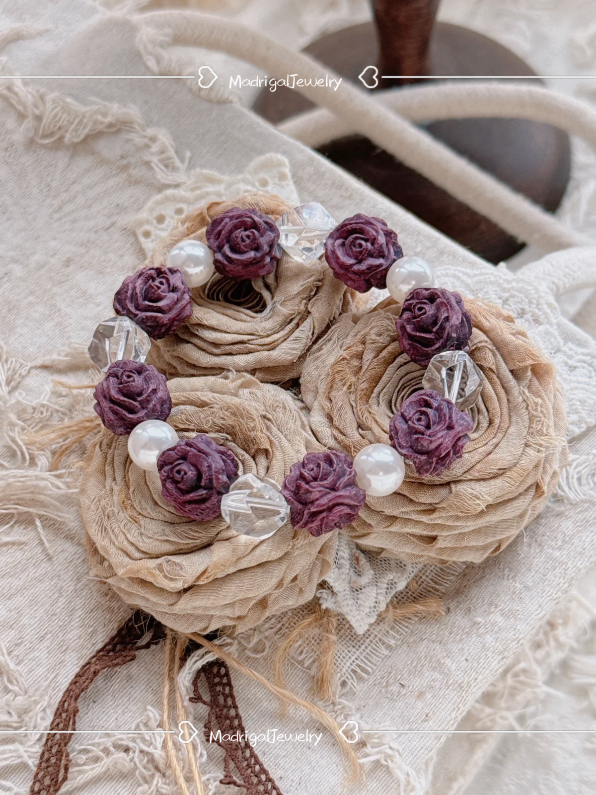 Rose Manor Handmade Purple Wood and Pearl Bracelet