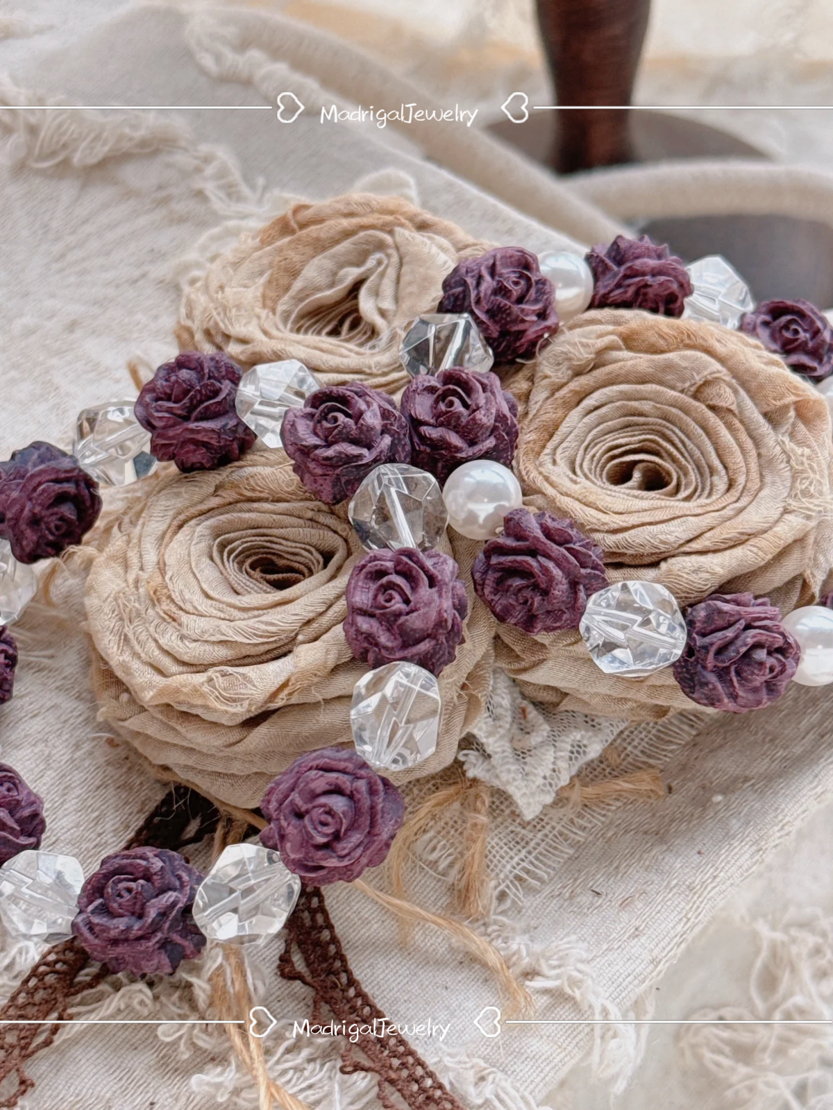 Rose Manor Handmade Purple Wood and Pearl Bracelet