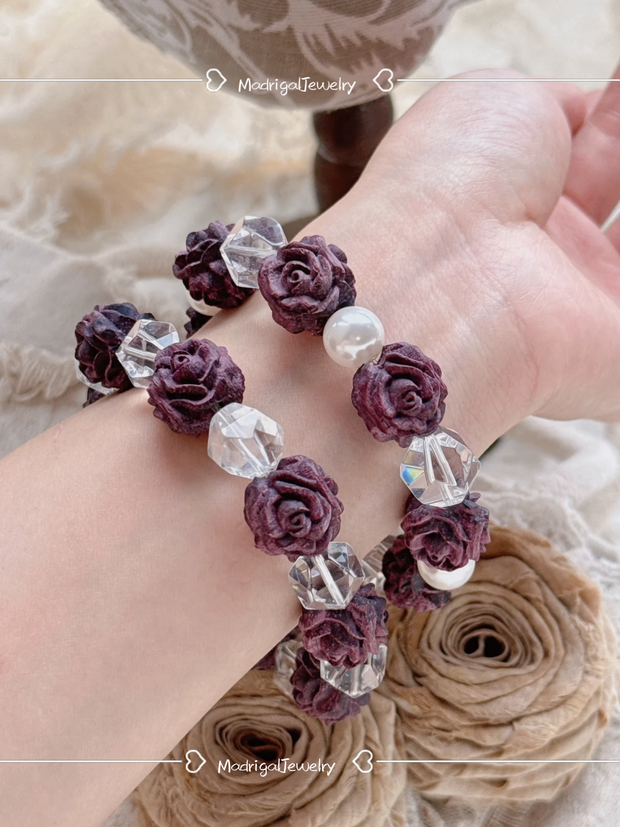 Rose Manor Handmade Purple Wood and Pearl Bracelet